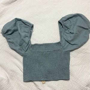 NEW Cute Blue Crop Top Woven With Puffer Sleeves